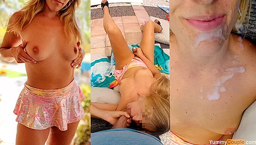 Cumshot Compilation, Hot POV - Beautiful blonde MILF gets cumsprayed at the pool