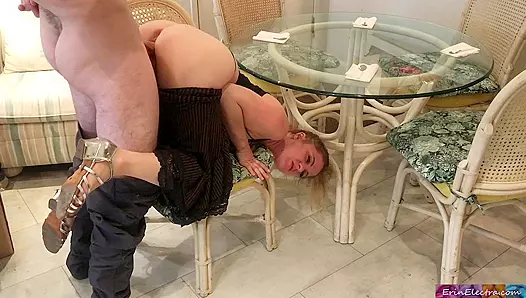 Naive housewife stuck under glass table and nailed by aroused stepson