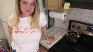 Innocent guy seduced in the kitchen by stepsister and her big melons