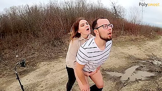 Super hot outdoor pegging! Polysweet brings her man to a powerful orgasm
