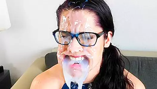 Perverted bukkake MILF with big ass gets her face covered in messy cum