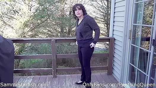 Curly-haired MILF in beige tights gets pranked by her kinky boyfriend