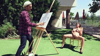 Artist seduced outdoors by naked porn actress with big natural XXX tits