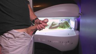 Teen fingers XXX pussy on tanning bed not knowing guy is spying on her